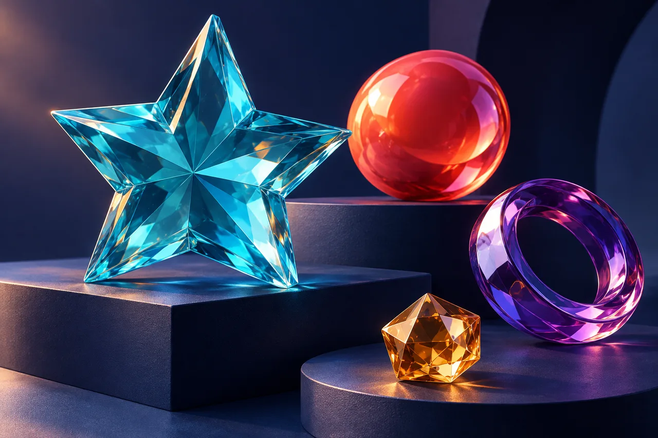 Colourful glass shapes on indigo plinths; original slot-format illustration.